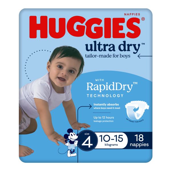 Huggies Ultra Dry Toddler Boys Nappy Size 4 Large 10-15kg Pk18