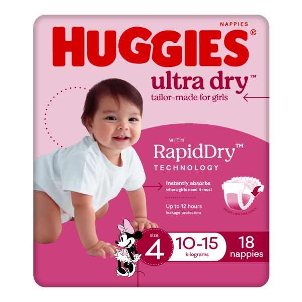 Huggies Ultra Dry Nappy Toddler Girl Size 4 Large 10-15kg Pk18