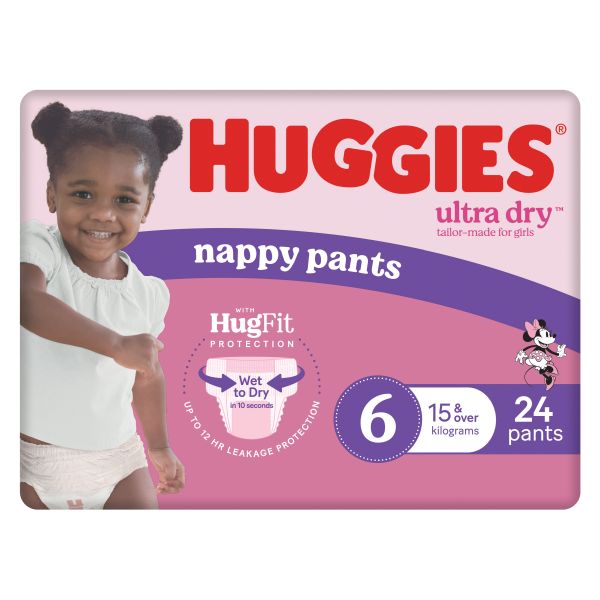 Huggies Ultra Dry Nappy Pants Junior Size 6 Girl 15kg+ Pack 24