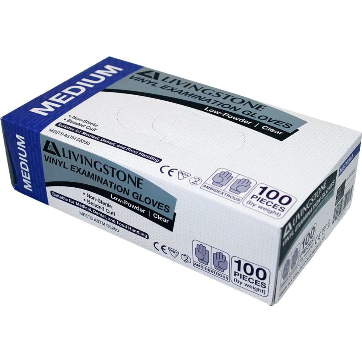 Livingstone Vinyl Examination Gloves All Purpose Low Powder Medium Clear 100 in a Box
