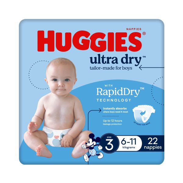 Huggies Ultra Dry Crawler Boys Nappy Size 3 6-11kg Pk22
