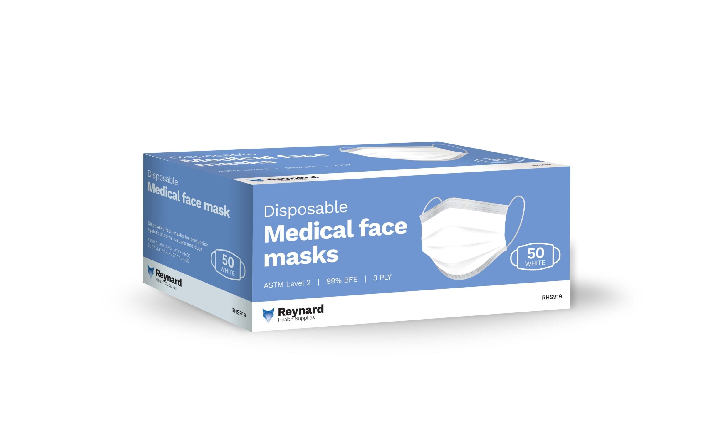 Reynard Medical Face Masks Earloop Box of 50 White