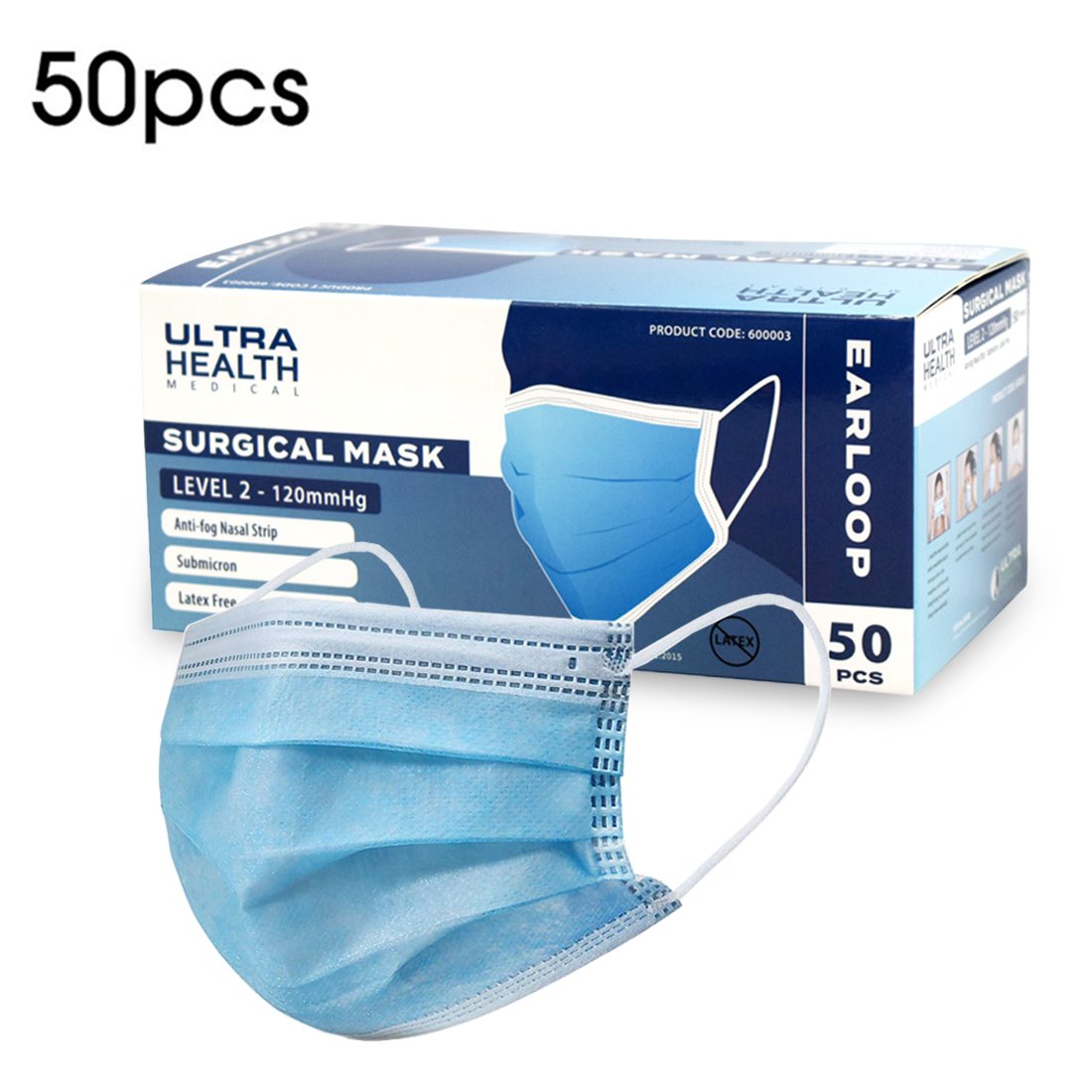Ultra Health Medical Surgical Mask Ear Loops Blue Box of 50